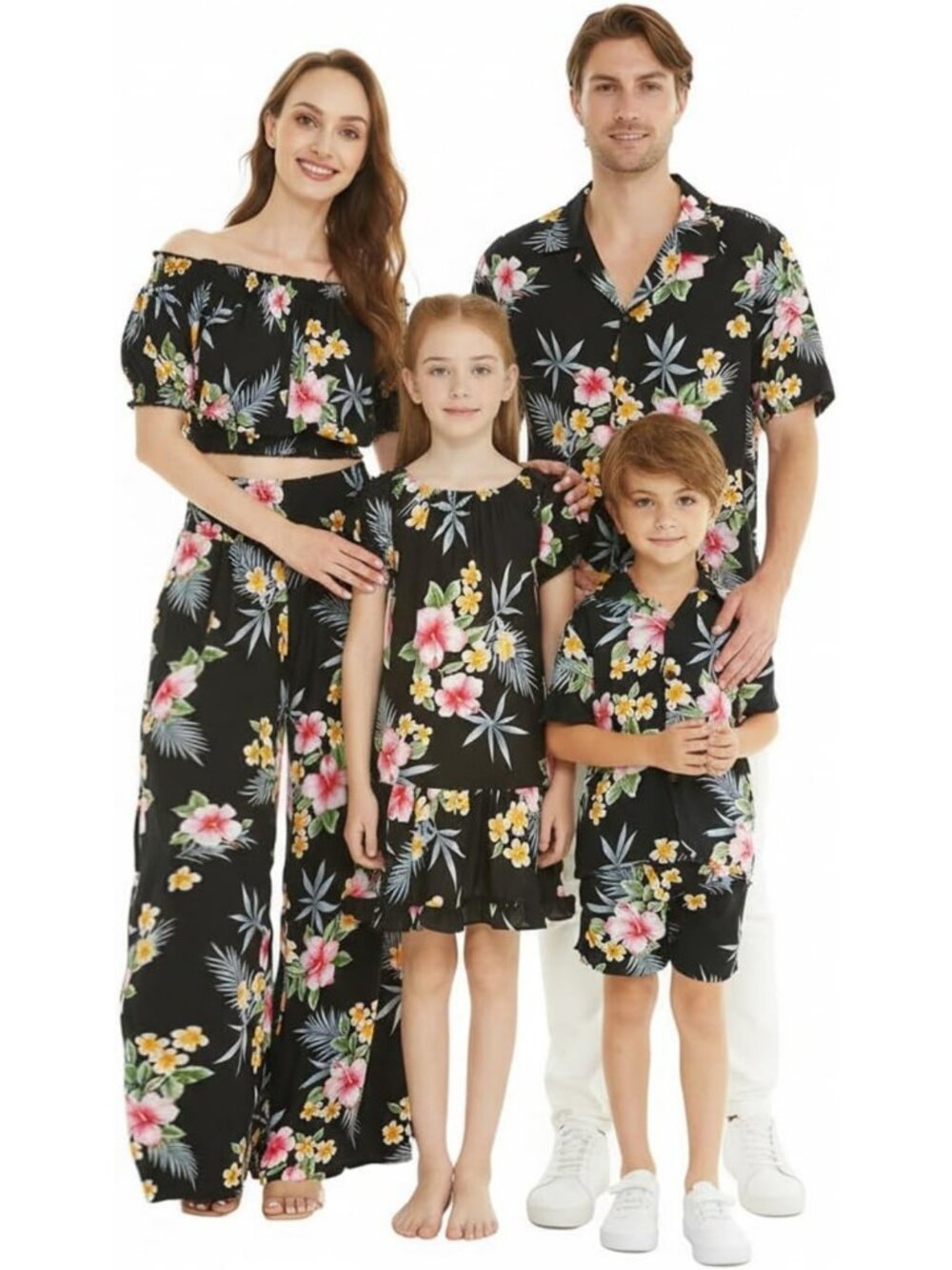Tropical Family Matching Hawaiian Outfits, Hibiscus Print, Black Summer Style